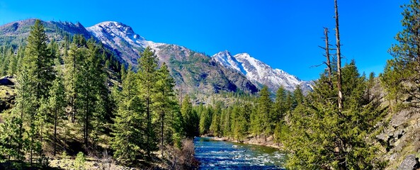 Wenatchee river and mountains just outside of Leavenworth, Washington on a beautiful summer day_
