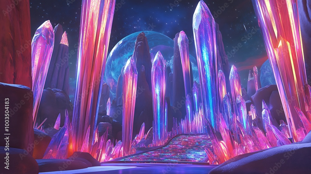 Poster a path leads through a field of glowing crystals under a starry night sky with a giant moon in the b