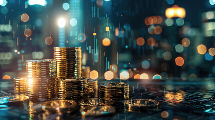 Obraz premium Gold coins row Bar graph Finance Investment Wealth Stocks Bonds Economics income Taxes Credit background