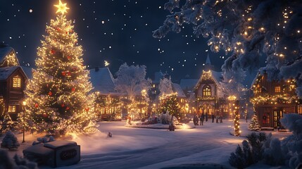 A snowy night scene with a large Christmas tree illuminated with lights and ornaments, and a quaint village in the background. 