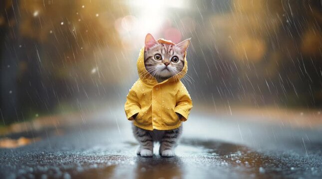 cute cat wearing a yellow raincoat and walking on the street during the rainy season. Virtual 4K video animation background with looping time lapse with very smooth graphics.