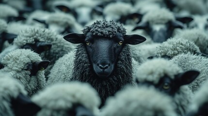 A black sheep among a flock of white sheep, raising head as a leader 