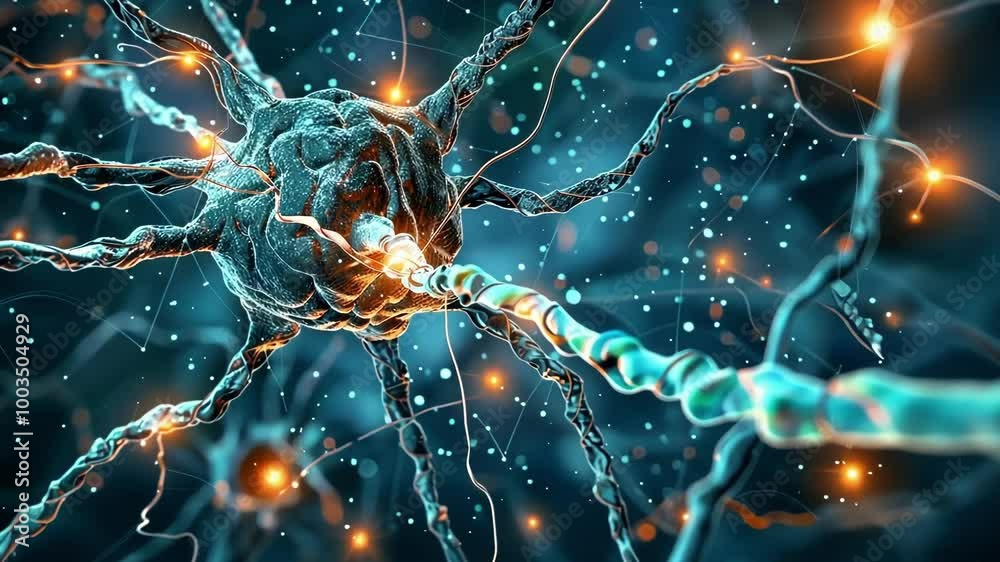 Poster complex network of neurons firing and connecting in the brain, illustrating concepts such as neural 