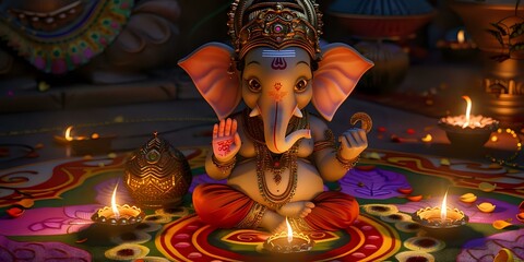 Fototapeta premium A serene depiction of Lord Ganesha surrounded by candles and decorative elements.