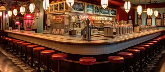 Classic Diner Counter with Red Stools