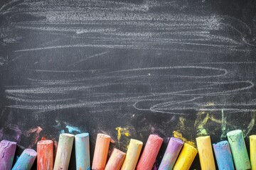 Colorful chalks on a black chalkboard with white chalk scribbles.