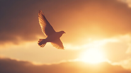 Fototapeta premium A dynamic shot of a bird flying across a sunset-lit sky