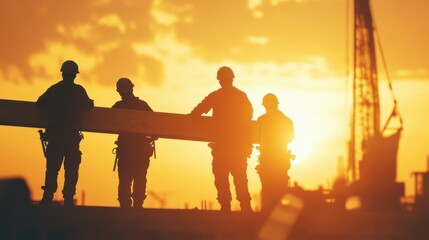 A group of construction workers lifting a beam, their silhouettes highlighted against a radiant