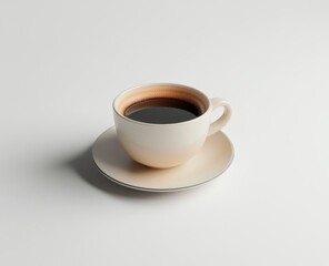 Top view of a cup of coffee on a white saucer on a white background.