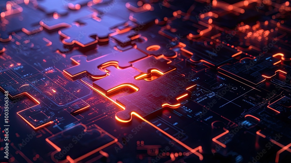 Poster glowing neon puzzle pieces combining on a high-tech platform, symbolizing api integration for seamle