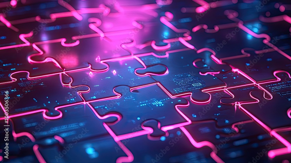 Poster glowing neon puzzle pieces connecting in a digital environment, symbolizing api integration in the t