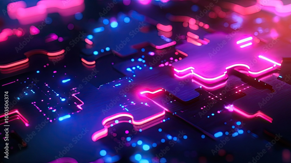 Poster glowing neon puzzle pieces connecting in a digital environment, symbolizing api integration and data