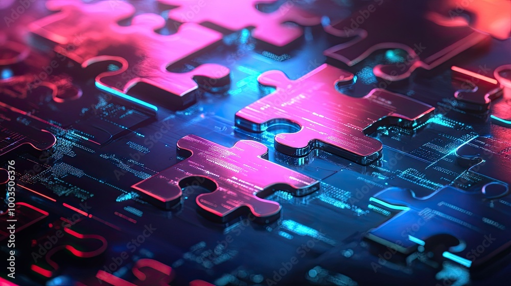 Poster glowing neon puzzle pieces connecting in a digital environment, symbolizing api integration and data