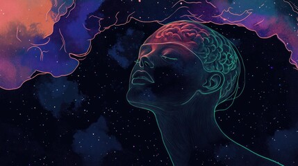 A surreal illustration of a human head with a brain, surrounded by cosmic elements.