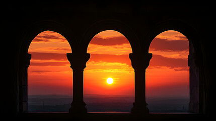 Sunset Framed by Architectural Arches
