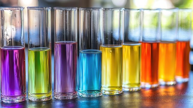 Colorful array of liquid-filled test tubes showcasing vibrant hues in a laboratory setting during a sunny day - Powered by Adobe