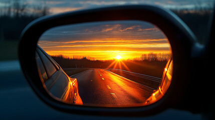 Sunset Reflected in a Cars Rearview Mirror