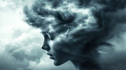 A surreal portrait blending human features with cloud-like elements, evoking introspection.