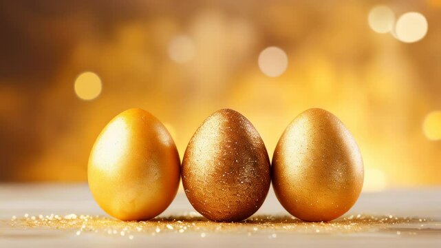 Three golden glittering Easter eggs aligned on a sparkling surface, creating a luxurious holiday ambiance.