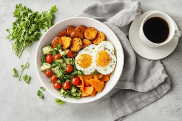 A healthy breakfast bowl with sweet potato, cucumber, tomato, parsley, and two fried eggs. A cup of coffee and a napkin on a white background.