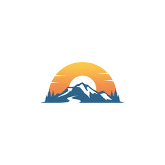 landscape mountain with river logo design vector