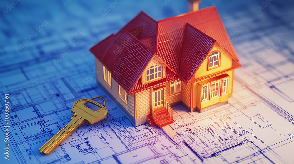 Poster illuminated model house sitting on blueprints with golden key