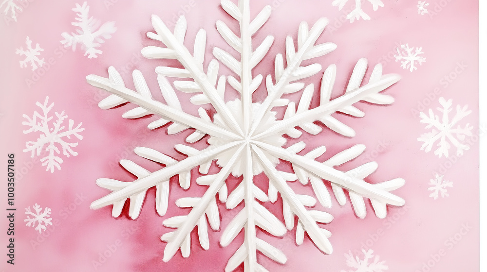 Poster white snowflake decoration lying on pink background with smaller snowflakes surrounding it
