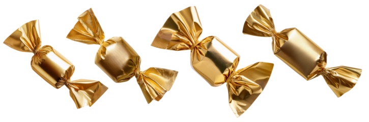 Golden candies on a white isolated background.