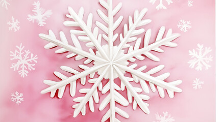 White snowflake decoration lying on pink background with smaller snowflakes surrounding it