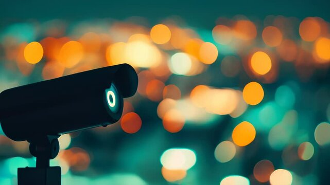 A surveillance camera overlooks a bustling cityscape illuminated by colorful night lights, showcasing urban life after dark