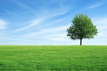 Obraz premium A single green tree standing tall on a vast green field, with a bright blue sky and white clouds in the background.