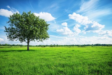 A single tree stands in a field of green grass under a blue sky with fluffy white clouds.