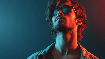 Young man wearing sunglasses posing under red and blue lights