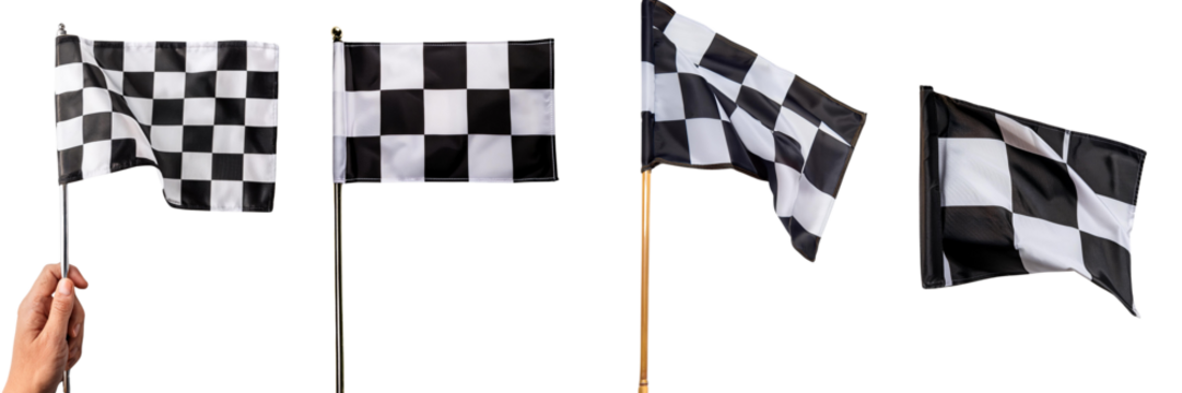 Checkered flags waving, white isolate background.