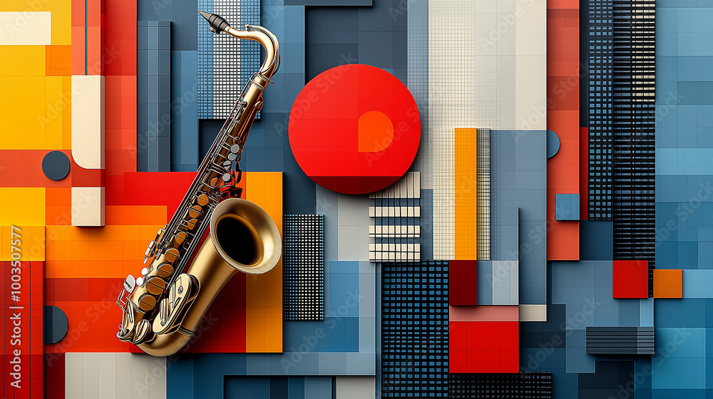 Poster golden saxophone lying on colorful abstract geometric background