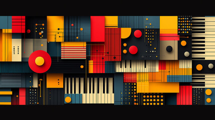 Abstract piano keys composition featuring geometric shapes and bold colors