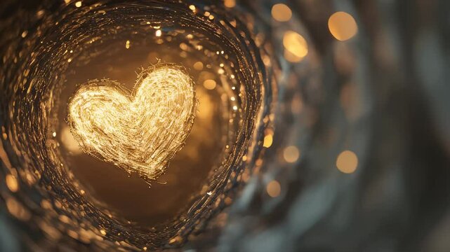 A warm glowing heart shape appears at the end of a tunnel, surrounded by vibrant light, evoking feelings of love and positivity