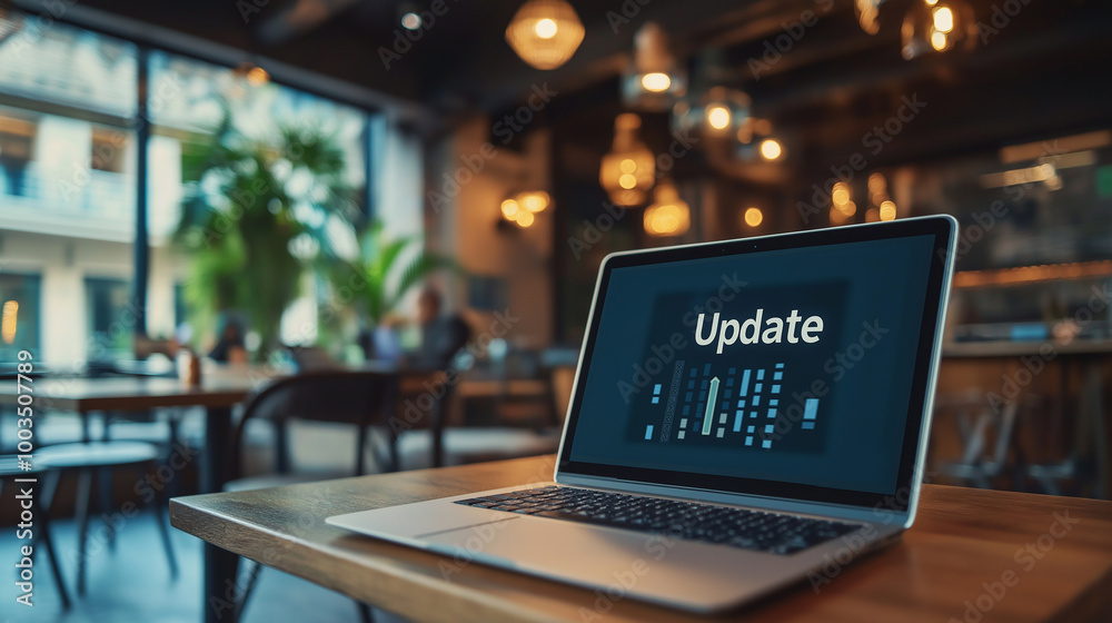 Poster laptop showing update screen is standing on table in busy cafe