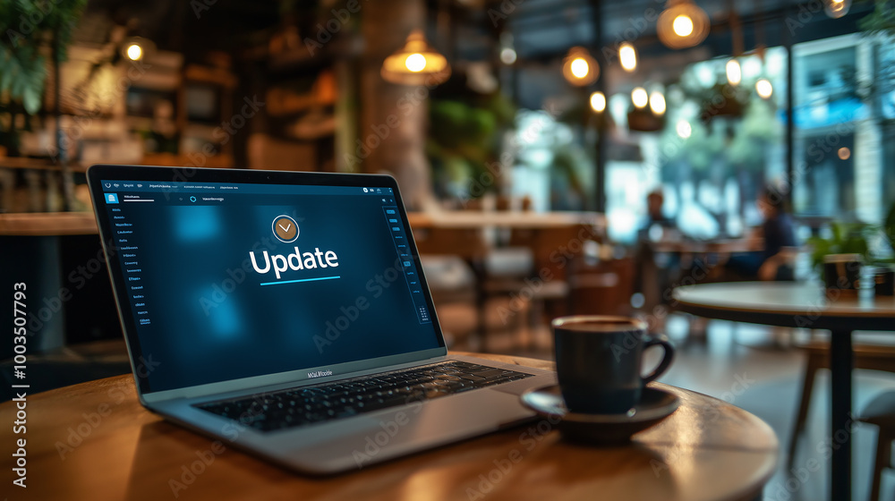 Aufkleber laptop is displaying an update screen in a busy coffee shop