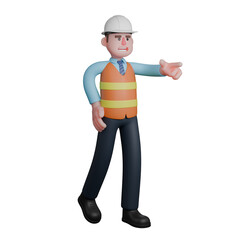 Design 3D Cartoon. An Architect walks with his right hand on his waist while his left hand points forward. Male Architect