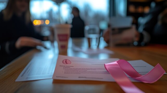A table setting with documents and a pink ribbon, suggesting a meeting or event. - Powered by Adobe