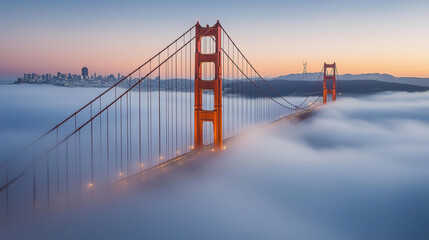 Fototapeta premium The golden gate bridge emerging from a sea of fog at sunset