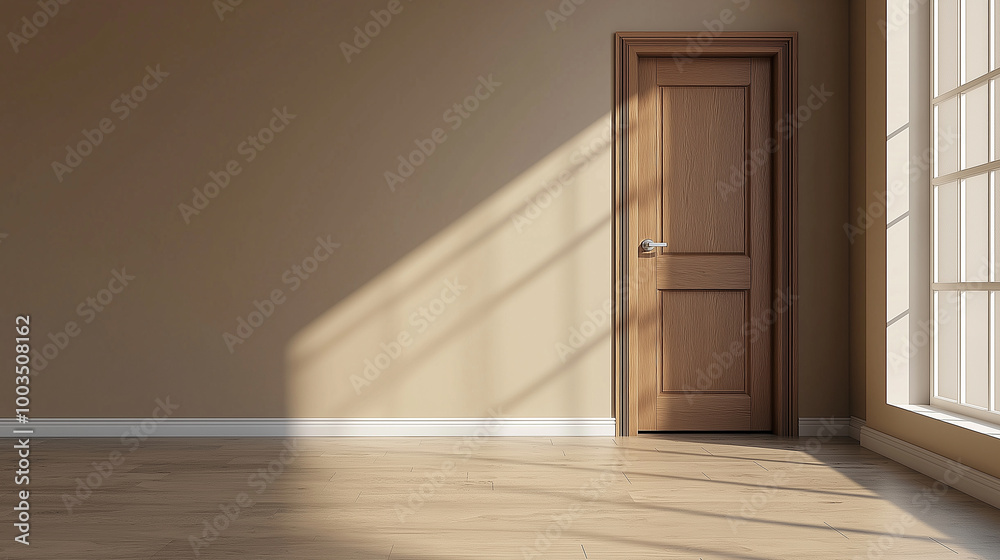 Poster Sunlight casting shadows in empty room with closed door