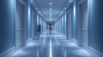 A long, empty hallway with white doors and blue walls.