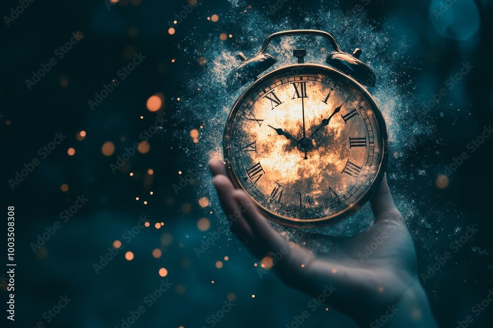 Poster hand holding an antique alarm clock with glowing lights and bokeh effects in the background.