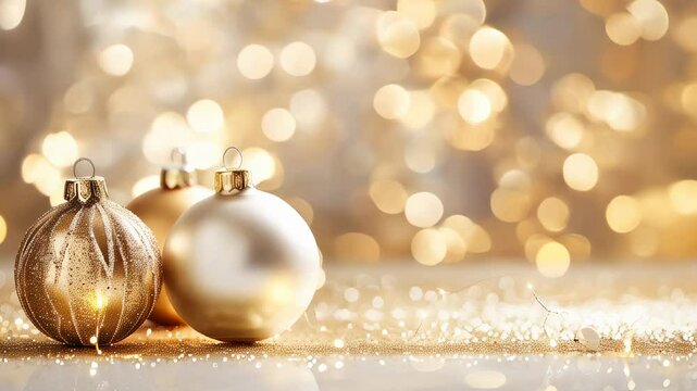 Golden and white Christmas baubles on a sparkling light bokeh background for festive decoration.