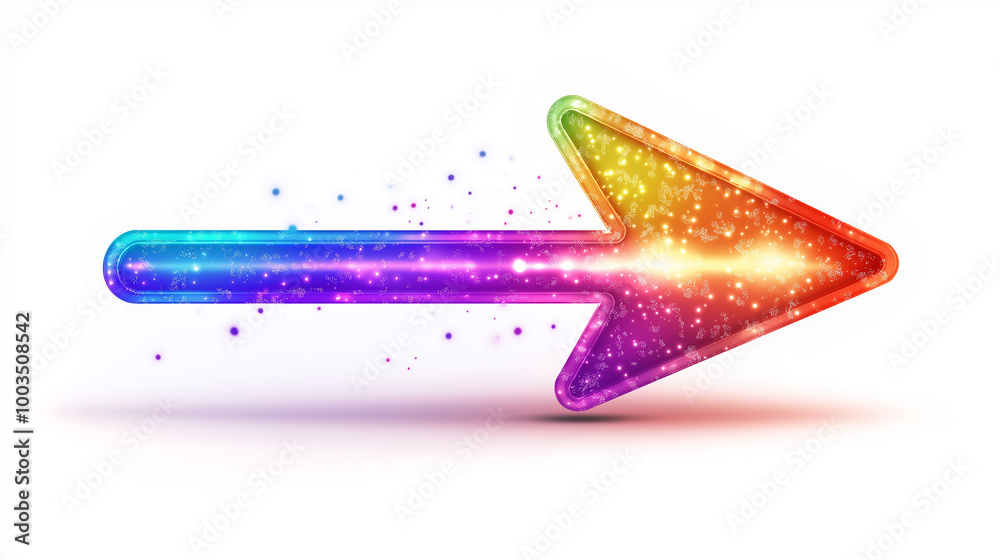 Poster rainbow colored shiny arrow pointing right on white background