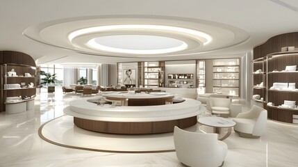 Modern Luxury Reception Area With White Marble Flooring and Round Reception Desk