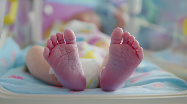 Newborn baby lying in hospital crib showing tiny feet
