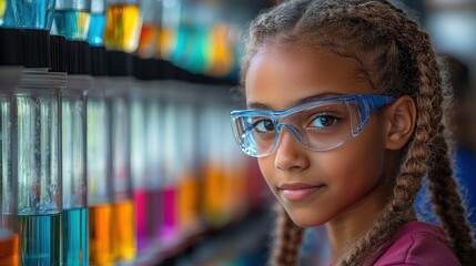 A young girl wearing safety goggles conducts colorful experiments in a science lab filled with vibrant liquids